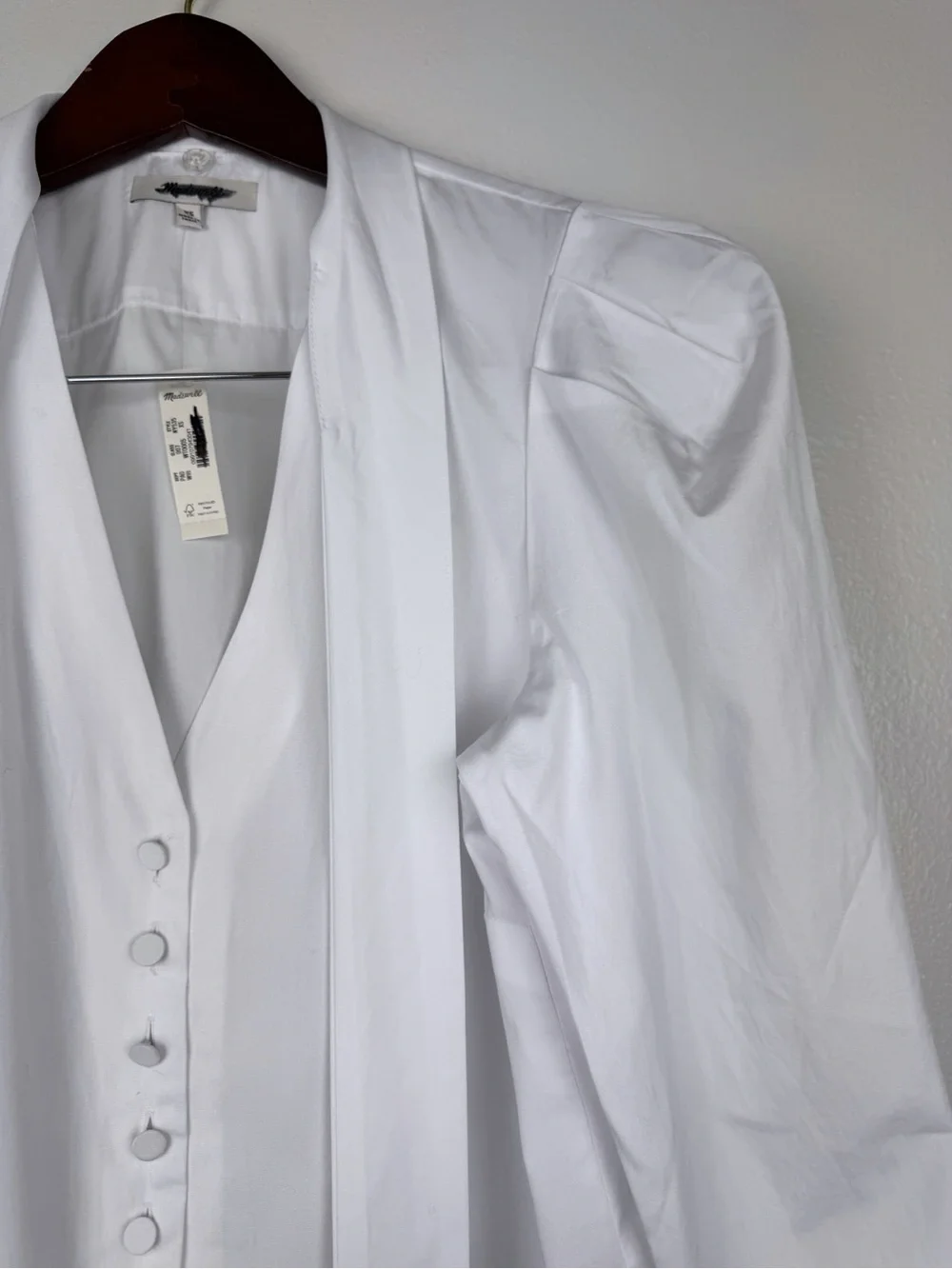 Madewell V-Neck Cotton Button Front Removeable Necktie Top White Size XS NWT